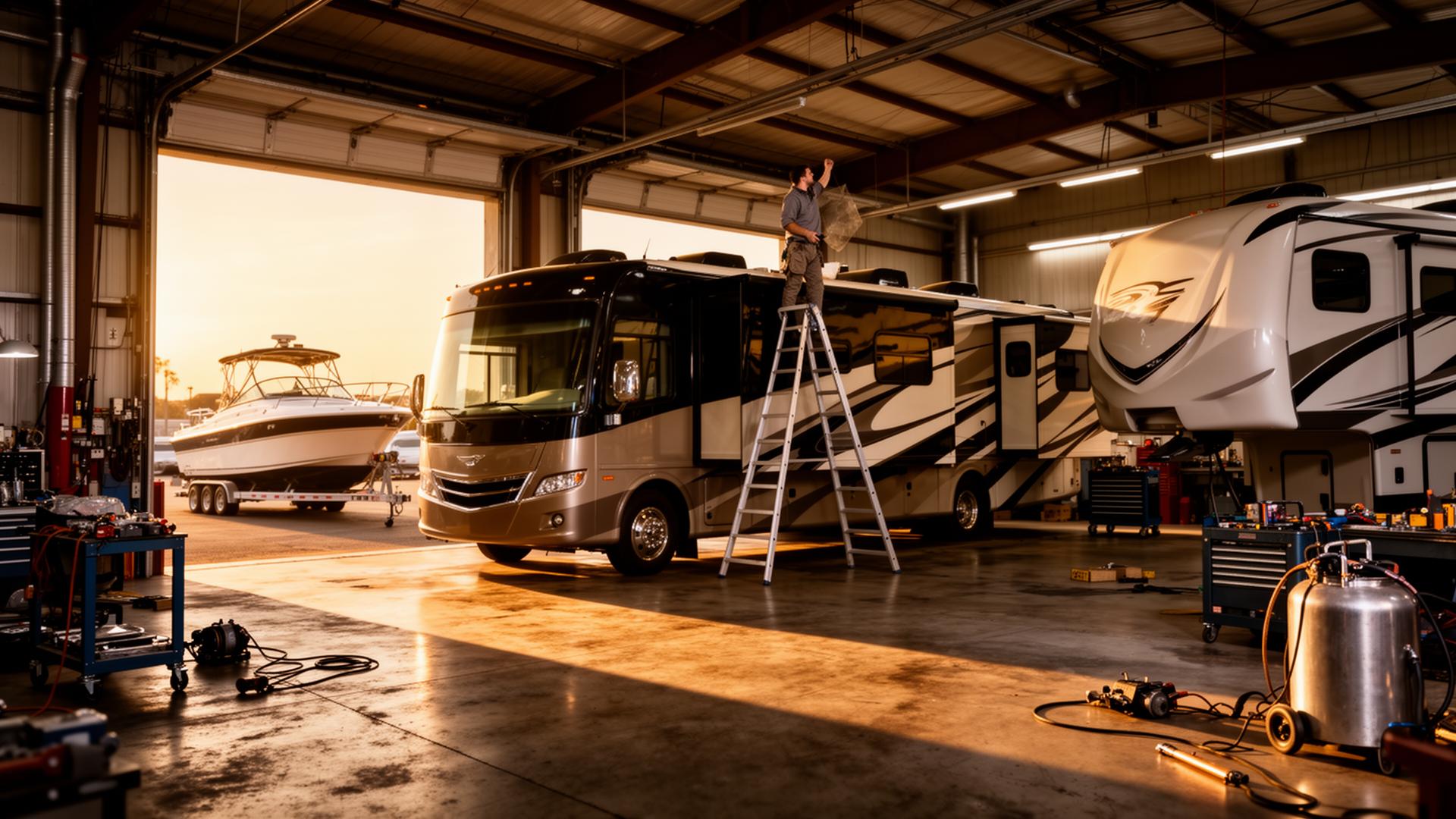 RV motorhome, fifth-wheel trailer and boat being repaired inside a professional workshop
